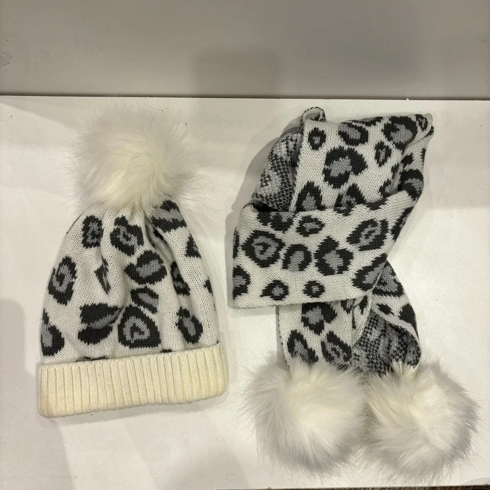 Toby & Co Leopard Print Pom Pom Beanie Hat and Scarf set